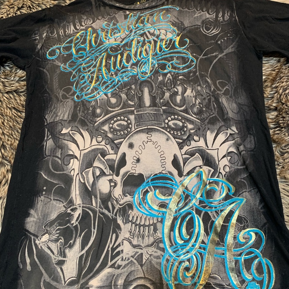 Christian Audigier Los Angeles Skull Tattoo Art Black T-Shirt Size S